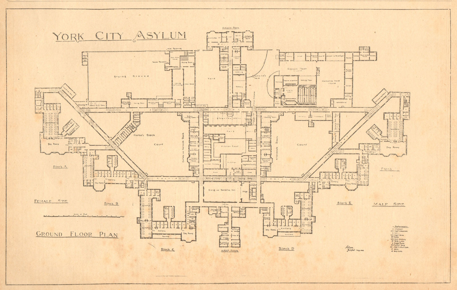 York City Asylum. Ground floor plan. Yorkshire 1903 old antique print picture